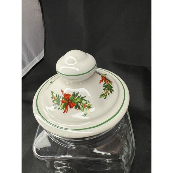 Vintage PFALTZGRAFF Holly Porcelain Topped Square Glass Canister Christmas Jar - Picture 2 of 3
